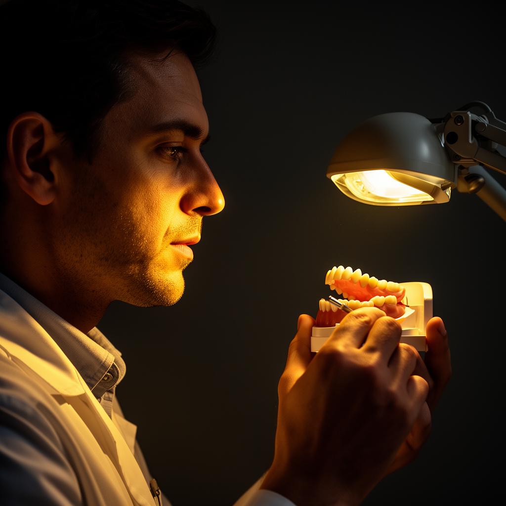 Prothésiste examinant un travail sous lampe